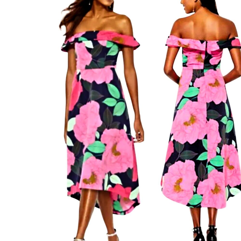New York & Company Floral Pink Navy Off the Shoulder High-Low Summer Dress Sz 6